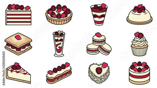 фотографія Raspberry dessert collection with layered cakes macarons parfaits and gourmet pastries