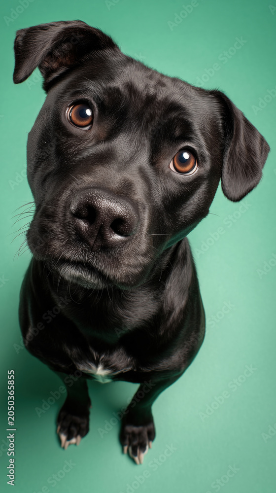 Fototapeta premium Curious black dog looking at camera on green background