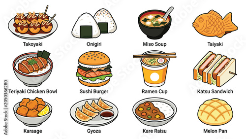 Foto Japanese cuisine icons set including takoyaki onigiri ramen cup sushi burger and miso soup