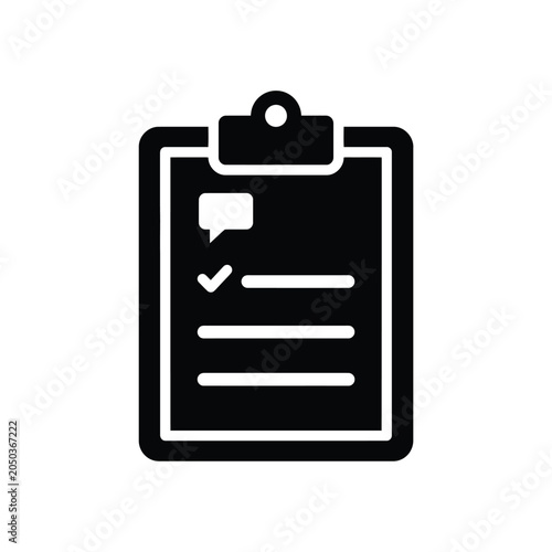 Simple black clipboard icon with checklist and speech bubble