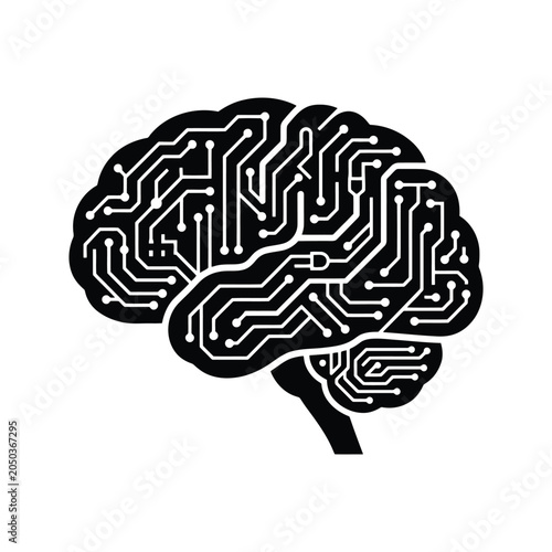 Simple black and white illustration of a brain with circuit board design