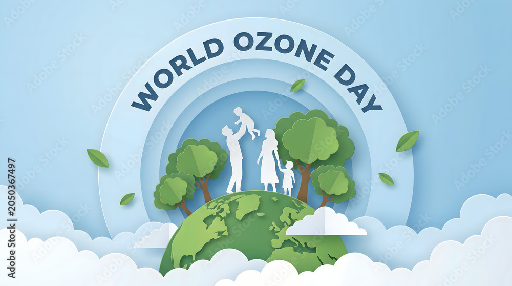 Fototapeta premium World Ozone Day, family on earth with trees and rainbow