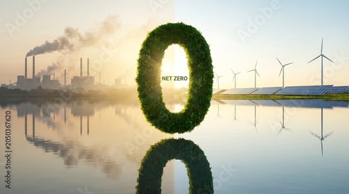 Large green zero number made of leaves floating above calm water representing global net zero carbon emission reduction climate goals