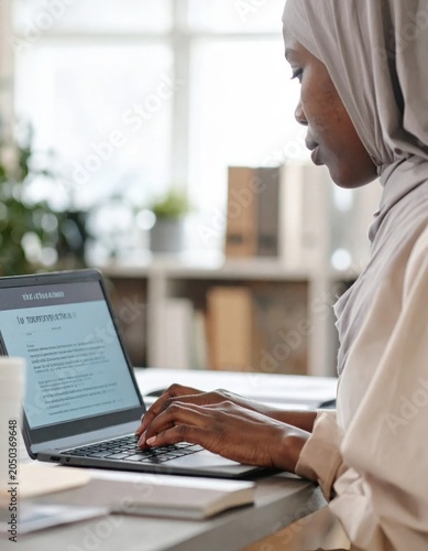 Young woman in hijab working on laptop, focused professional task, remote career, digital literacy, educational study, productive office environment