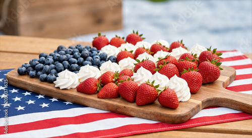 Patriotic fruit platter with strawberries blueberries and whipped cream. American flag dessert on wooden board for Fourth of July celebration