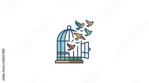Birds flying out of an open cage illustration
