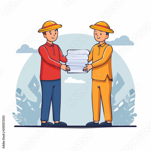 Two people in hats exchanging a stack of papers