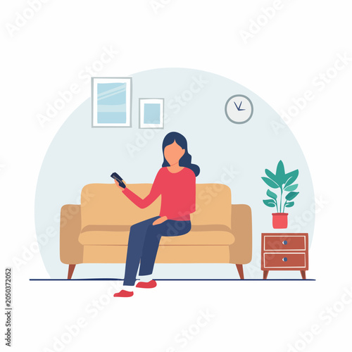 Woman relaxing on sofa with remote control in living room