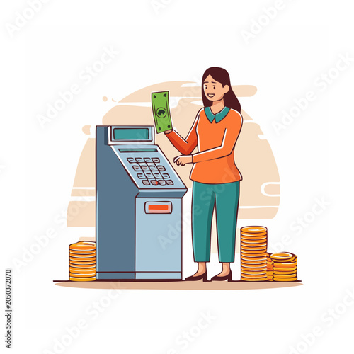 Woman holding cash at an ATM with stacks of coins
