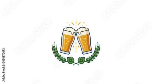 Beer glasses toasting with hops illustration. Cheers celebration concept.