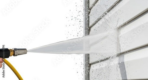 High pressure hose cleaning siding surface with powerful water stream