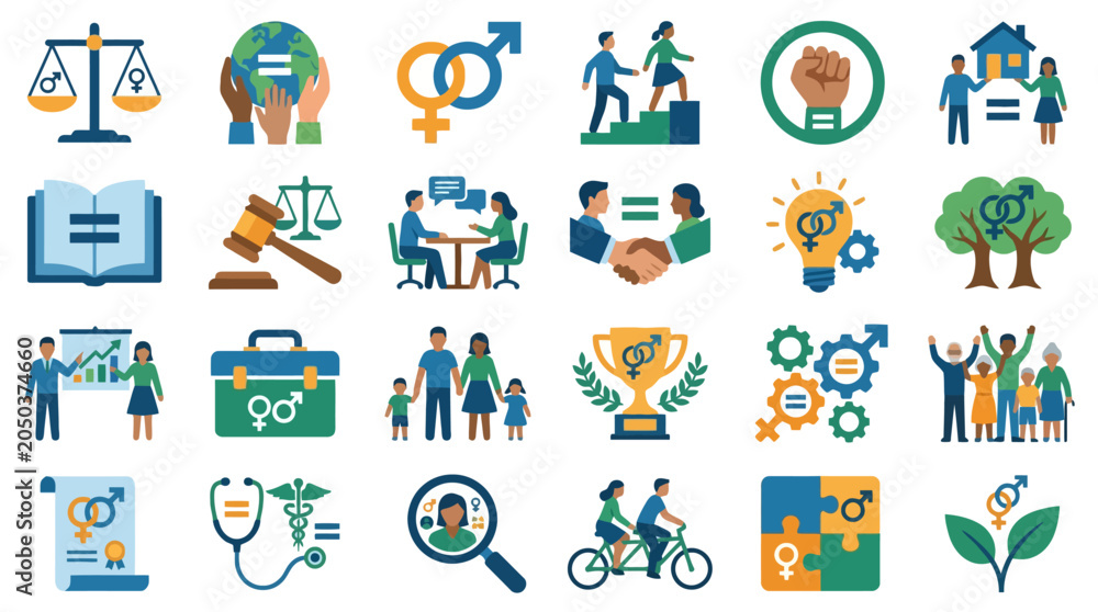 Fototapeta premium Gender equality and human rights flat icon set representing social justice and diversity. EPS Editable. Vector Illustrations.