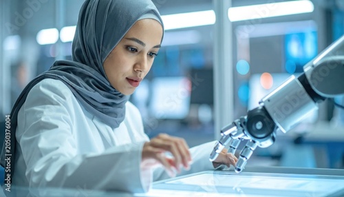 Muslim female scientist working with robotic arm, research laboratory environment, advanced technology integration, automation, engineering, digital innovation