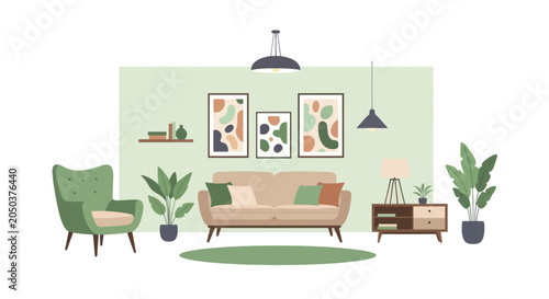 Quadro em tela Modern Living Room Interior with Sofa, Armchair, and Artistic Decor