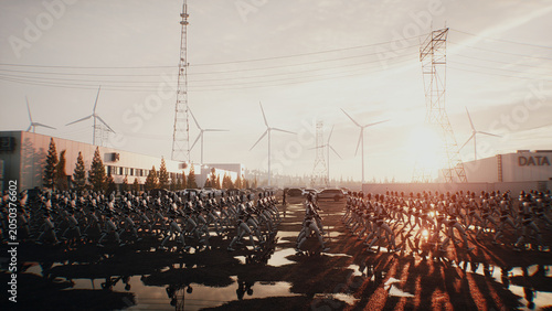 Armed Robots March in Formation Near Data Center, AI Uprising and Autonomous Machine Army Concept. 3d rendering
