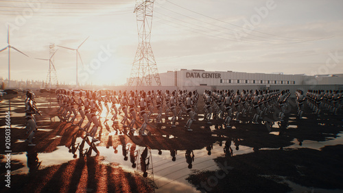 Armed Robots March in Formation Near Data Center, AI Uprising and Autonomous Machine Army Concept. 3d rendering