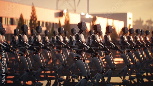 Armed Robots March in Formation Near Data Center, AI Uprising and Autonomous Machine Army Concept. 3d rendering