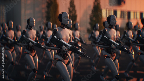 Armed Robots March in Formation Near Data Center, AI Uprising and Autonomous Machine Army Concept. 3d rendering