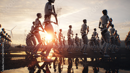Armed Robots March in Formation Near Data Center, AI Uprising and Autonomous Machine Army Concept. 3d rendering