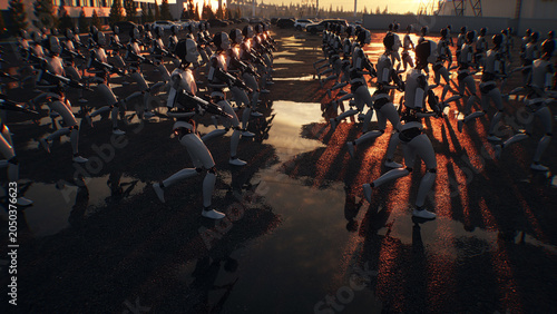 Armed Robots March in Formation Near Data Center, AI Uprising and Autonomous Machine Army Concept. 3d rendering