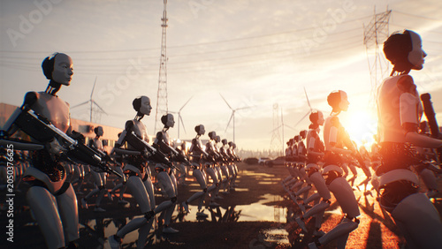 Armed Robots March in Formation Near Data Center, AI Uprising and Autonomous Machine Army Concept. 3d rendering