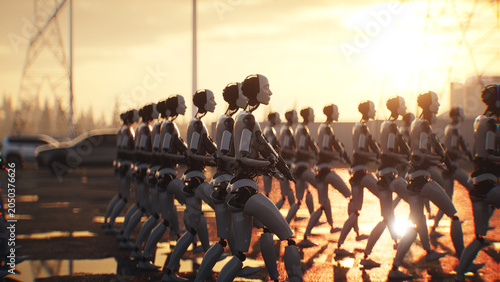 Armed Robots March in Formation Near Data Center, AI Uprising and Autonomous Machine Army Concept. 3d rendering
