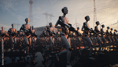 Armed Robots March in Formation Near Data Center, AI Uprising and Autonomous Machine Army Concept. 3d rendering