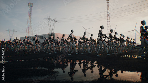 Armed Robots March in Formation Near Data Center, AI Uprising and Autonomous Machine Army Concept. 3d rendering