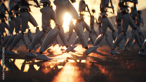 Armed Robots March in Formation Near Data Center, AI Uprising and Autonomous Machine Army Concept. 3d rendering