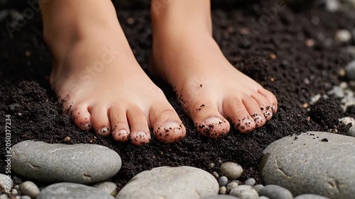 Bare feet on dark soil and pebbles connecting with nature