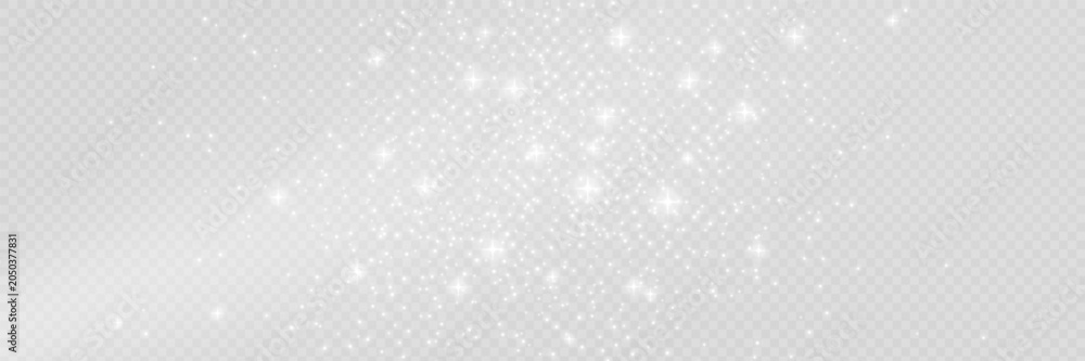Fototapeta premium Silver glitter background with sparkling stars. Glowing particles on transparent backdrop. Elegant shimmer overlay for festive. Luxury winter celebration design. Vector illustration.