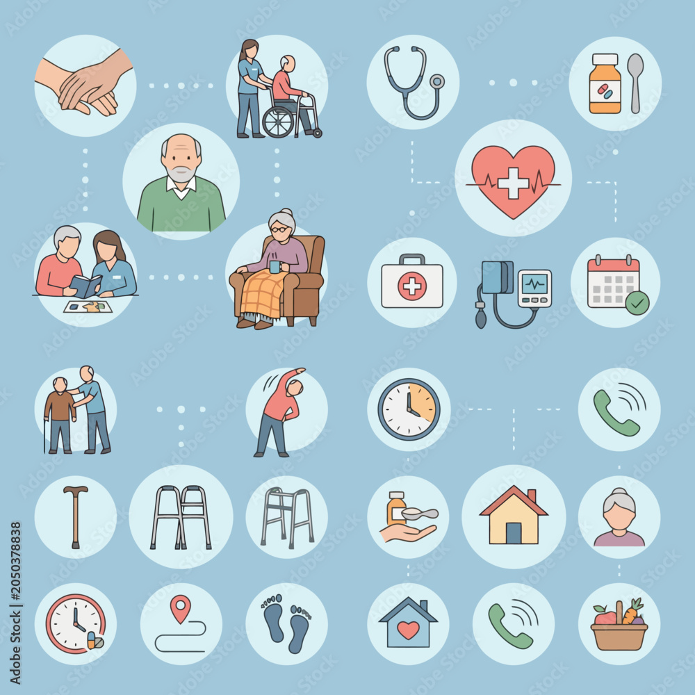Fototapeta premium A collection of icons depicting elderly care and medical support