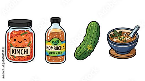 Obraz na plátně Set of korean fermented foods vector illustration with kimchi kombucha pickle and soup