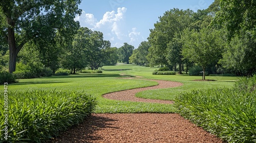 Winding Mulch Path Through Lush Green Park Garden