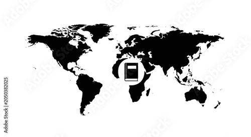 Foto World map featuring a central book icon represents global knowledge, international education, literature, and the widespread dissemination of information across different continents