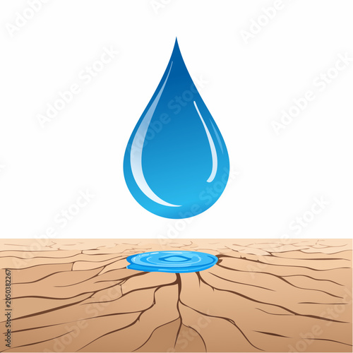 Water droplet falling onto cracked dry earth