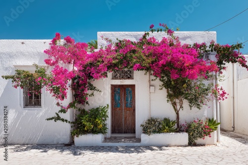 Whitewashed building with vibrant pink flowers arching over a wooden door against a clear sky