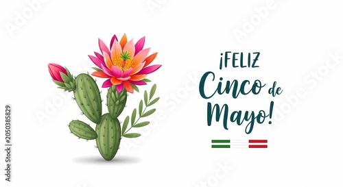 Beautiful blooming cactus with Feliz Cinco de Mayo text.