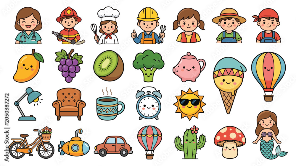 Obraz premium Cute cartoon collection of professions fruit objects and vehicles for children education.