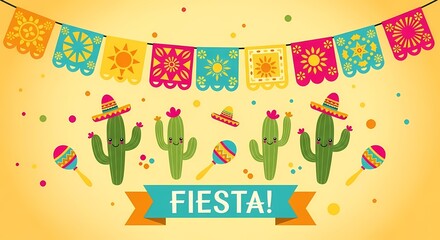 Cartoon Mexican fiesta background with cacti and maracas.