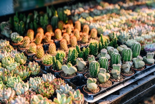 A variety of mini potted cactus lithops and echeveria succulent plants on a shop display shelf under warm light at Flower Market in Hong Kong