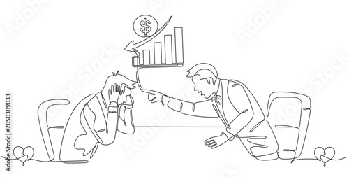 A businessman in a meeting discussing his company's declining profits - editable continuous line art drawing