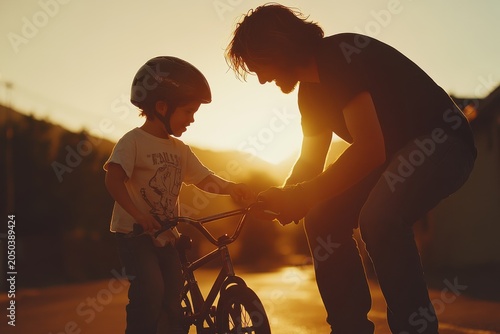 Father teaching his child to ride a bicycle at sunset