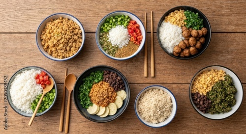 Overhead shot of bowls with various colorful ingredients arranged on wooden surface