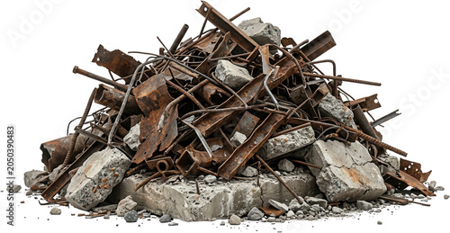 A large pile of rusted metal scraps and broken concrete chunks lies scattered across the ground junk scrap metal debris rubble construction waste rusty industrial discarded