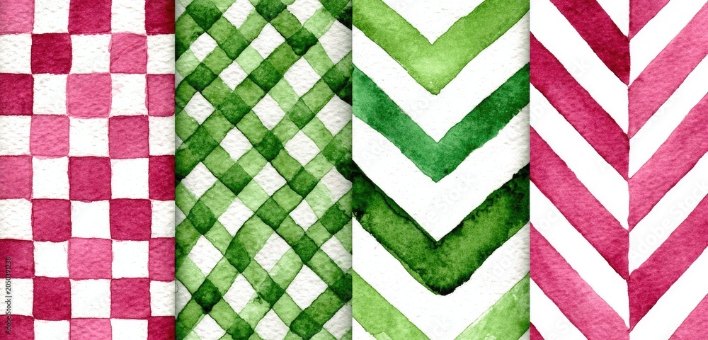 Obraz premium Watercolor patterns checkered, plaid, and chevron designs. Pink and green