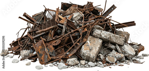 A large pile of rusty metal debris and concrete rubble is heaped together representing construction waste and industrial decay scrap metal junk demolition broken damaged iron
