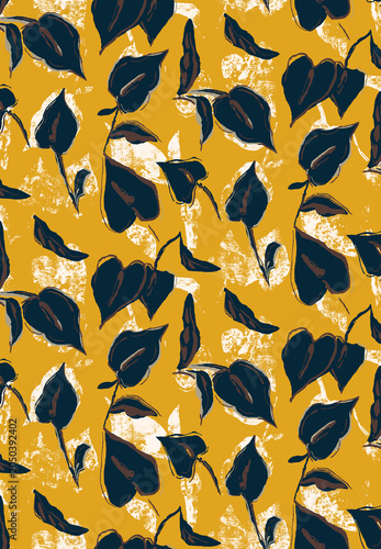 Hand-drawn artistic leaves seamless pattern. Mustard yellow background with white block print grunge texture. Creative all over repeat raster design for textile.