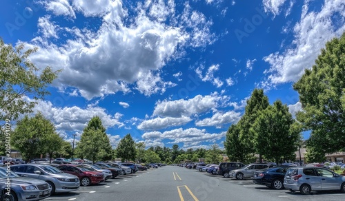 Wide shot of sunny parking lot with vibrant blue sky, puffy clouds, and trees