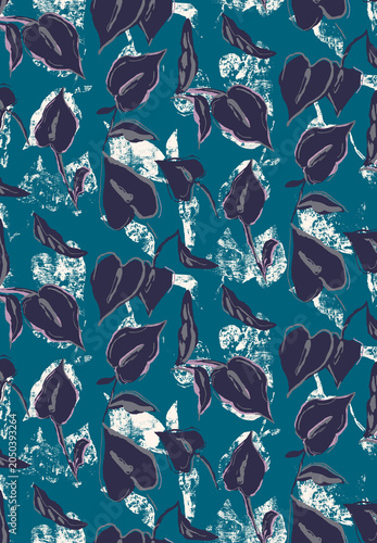 Hand-drawn artistic leaves seamless pattern. Teal blue background with white block print grunge texture. Creative all over repeat raster design for textile.